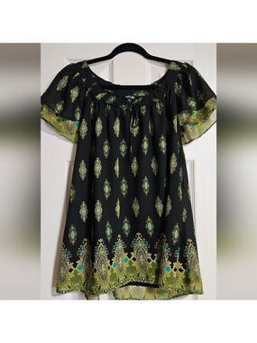 Boho Medallion Print Peasant Blouse Black Green XL